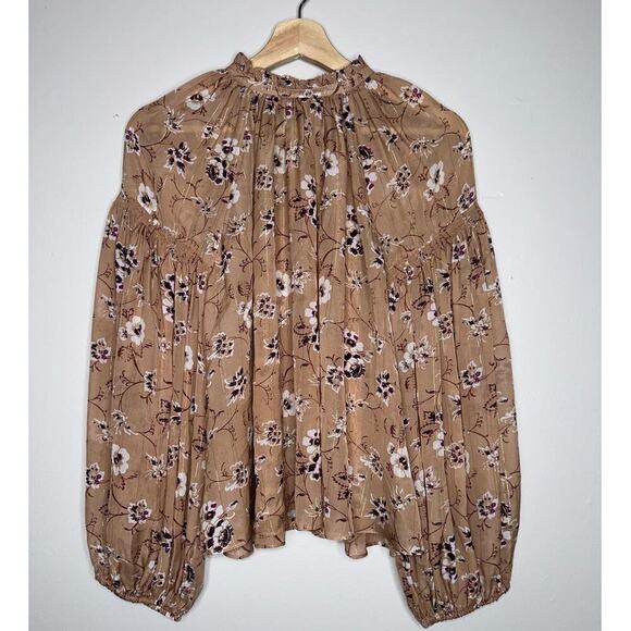 Ulla Johnson Arnoux Blouse in Cafe Peach/Tan Silk Blend Size 4 Ballon Sleeves - Picture 2 of 11